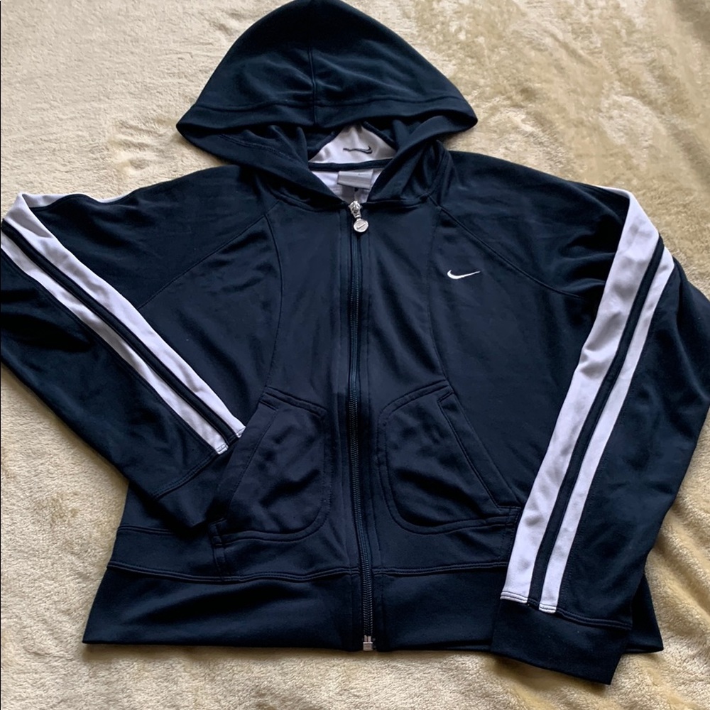 Nike Black Zip-Up Hoodie with White Stripes